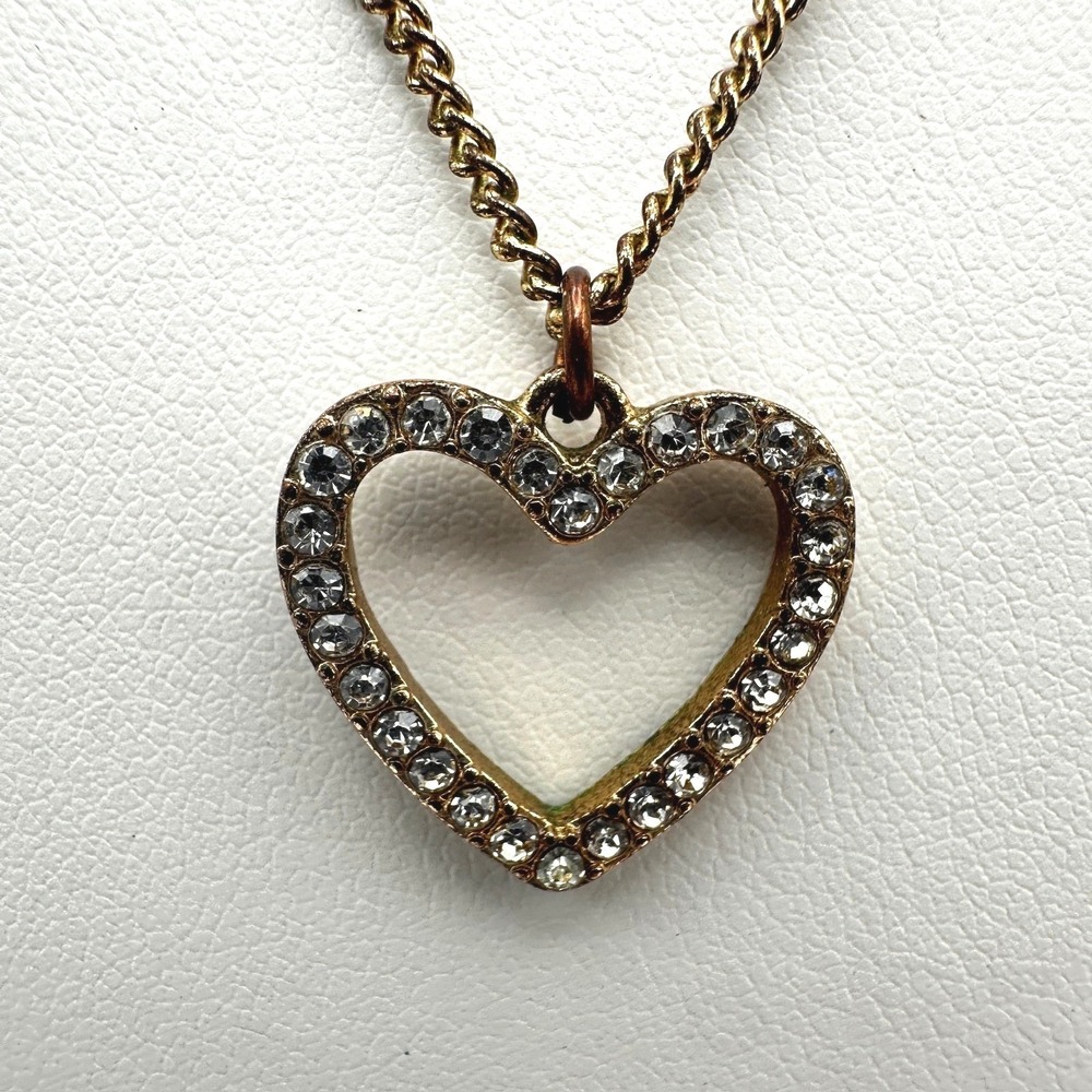 Vintage Y2K Heart Clear Crystal Pendant Necklace Gold Tone Women's Jewelry